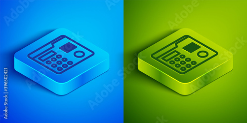 Isometric line House intercom system icon isolated on blue and green background. Square button. Vector Illustration.