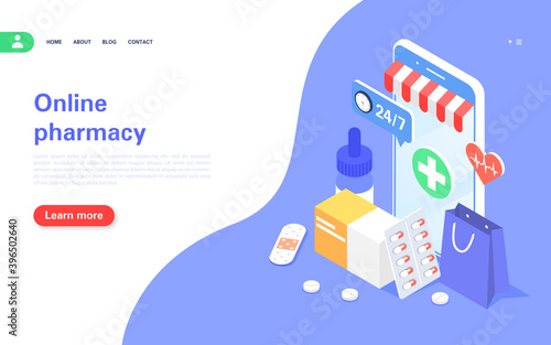 Online pharmacy concept banner. Buying medicines online. Mobile phone with medicines.