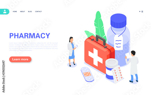 Pharmacy concept banner. Buying medicines online. The pharmacist selects suitable medicines and other goods from the pharmacy for ordering.