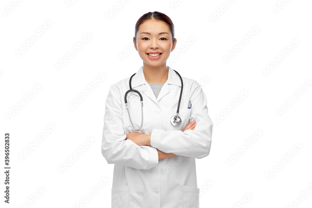 medicine, profession and healthcare concept - happy smiling asian female doctor in white coat with stethoscope medicine, profession and healthcare concept - happy smiling asian female doctor in white coat with stethoscope