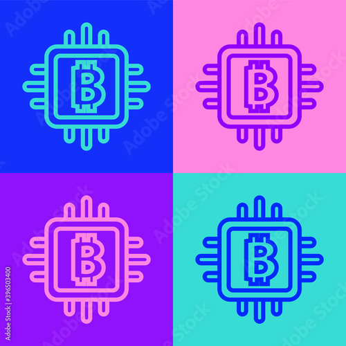 Pop art line CPU mining farm icon isolated on color background. Bitcoin sign inside processor. Cryptocurrency mining community. Digital money. Vector.