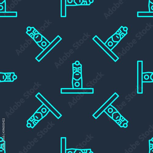 Green line Slavic pagan idol icon isolated seamless pattern on blue background. Antique ritual wooden idol. Vector.