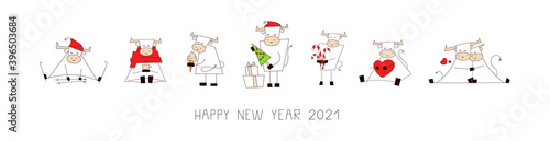 Merry Christmas and happy New Year 2021. Horizontal banner, poster, card. Set of vector illustrations in cartoon style isolated on white. Collection of funny cute kawaii characters. Ox, bull, cow