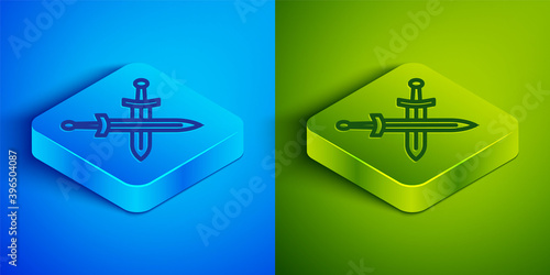 Isometric line Crossed medieval sword icon isolated on blue and green background. Medieval weapon. Square button. Vector.