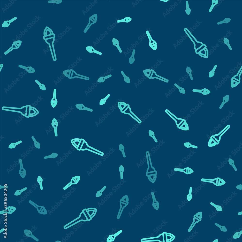 Green line Torch flame icon isolated seamless pattern on blue background. Symbol fire hot, flame power, flaming and heat. Vector. Green line Torch flame icon isolated seamless pattern on blue background. Symbol fire hot, flame power, flaming and heat. Vector.