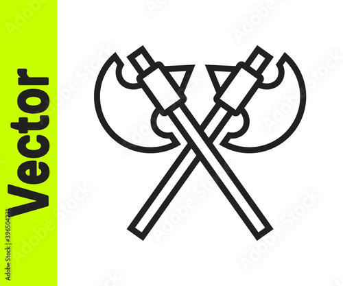 Black line Crossed medieval axes icon isolated on white background. Battle axe, executioner axe. Medieval weapon. Vector.
