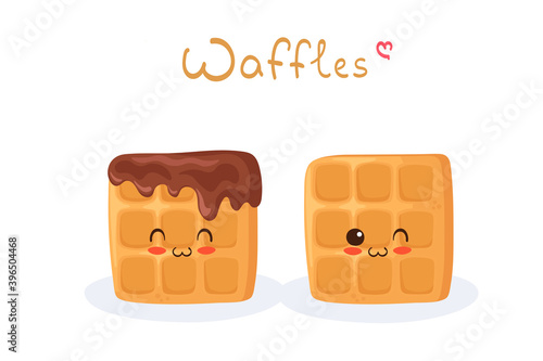 Kawaii cartoon Waffles characters. Cute happy sweet dessert mascot vector illustration isolated on white. Kids menu design concept. Smiling face food emoji. Classic baked waffle in chocolate.