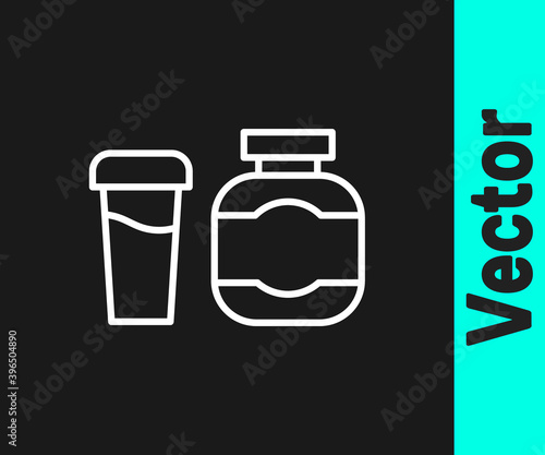 White line Sports nutrition bodybuilding proteine power drink and food icon isolated on black background. Vector.