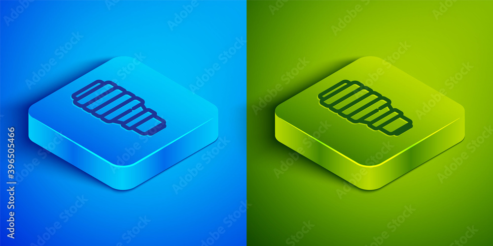Isometric line LED light bulb icon isolated on blue and green background. Economical LED illuminated lightbulb. Save energy lamp. Square button. Vector. Isometric line LED light bulb icon isolated on blue and green background. Economical LED illuminated lightbulb. Save energy lamp. Square button. Vector.