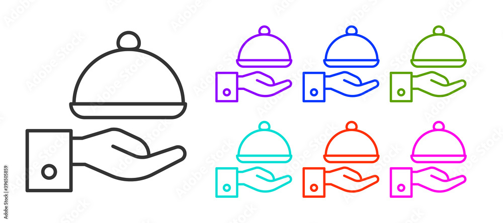 Black line Covered with a tray of food icon isolated on white background. Tray and lid sign. Restaurant cloche with lid. Set icons colorful. Vector. Black line Covered with a tray of food icon isolated on white background. Tray and lid sign. Restaurant cloche with lid. Set icons colorful. Vector.