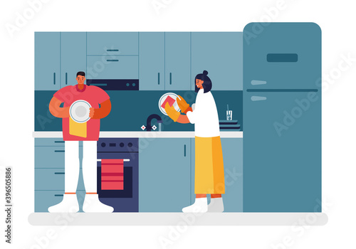 People washing dishes in kitchen illustration. Male and female characters thoroughly wash dishes with sponge.