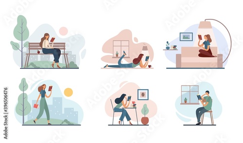 Modern people enjoying reading of books. Set of flat illustrations