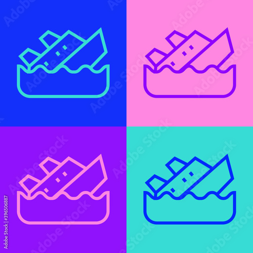 Pop art line Sinking cruise ship icon isolated on color background. Travel tourism nautical transport. Voyage passenger ship, cruise liner. Vector.