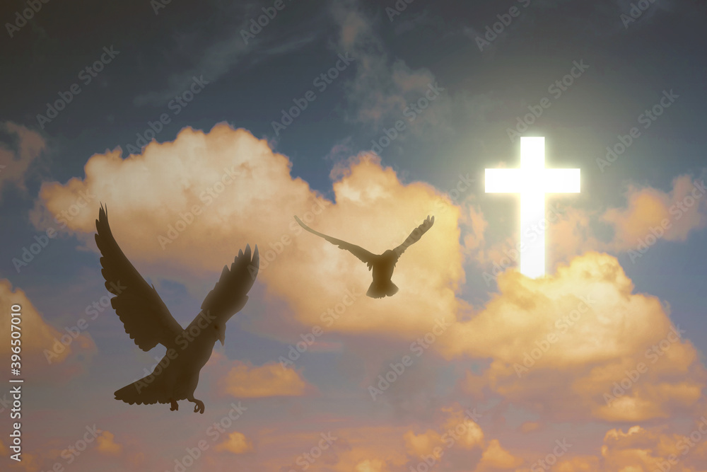 Christian Cross and pigeon flying