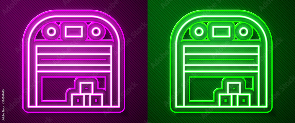 Glowing neon line Aircraft hangar icon isolated on purple and green background. Vector. Glowing neon line Aircraft hangar icon isolated on purple and green background. Vector.