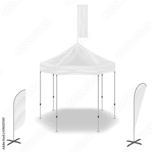Pop-up mobile canopy tent event flags, vector mock-up. Exhibition mockup set. Blank white template for business branding design