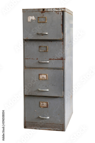 Old rusted filing cabinet isolated on white background