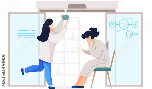 Laboratory assistants chemists with test tube and flask, glass beaker, rejoice at their achievements. Scientists workers at lab or laboratory, chemical research specialist. Education and science