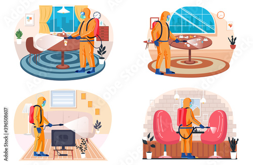 A man from epidemiological service doing disinfection in office or livingroom to kill viruses and bacteria flat vector. Male character in a protective suit sprays a room with disinfectant solute