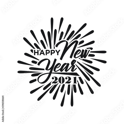 Welcome lettering. Handwritten modern calligraphy. Happy 2021 New Year. Holiday Vector Illustration With Lettering Composition And Burst.