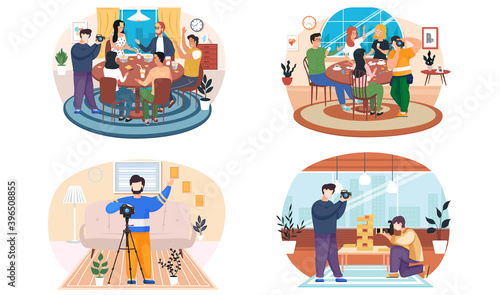Photographer takes photos of friends having good time together playing games sitting at the table at home or cafe. Happy people are resting, drinking coffee and playing a board game, jenga and cards