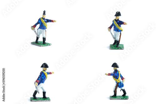 4 in 1 image of handmade tin soldiers with sword on the white background