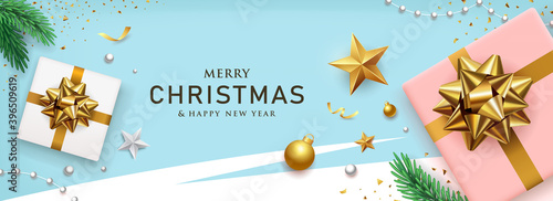 Merry Christmas and happy new year gold bow ribbon gift box banners design on blue background  Eps 10 vector illustration