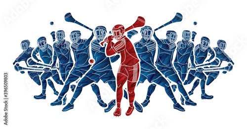 Group of Hurling sport players action. Irish Hurley sport cartoon graphic vector.