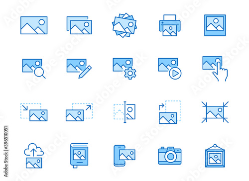 Photo line icon set. Image gallery, picture frame, printer, file resize, camera minimal vector illustrations. Simple outline signs for photos editor application. Blue color, Editable Stroke