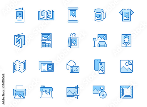 Photo printing line icon set. Brand identity printed on products like brochure, banner, mug, plotter vector illustrations. Simple outline signs for polygraphy. Blue color, Editable Stroke
