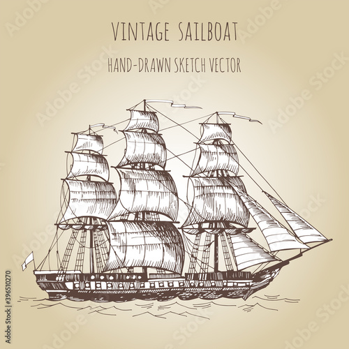 An old three-masted sailboat, a clipper boat. Hand drawn vector sketch.
