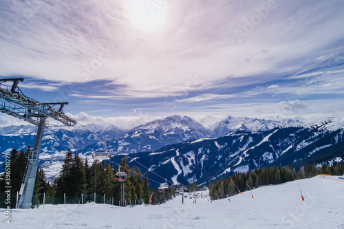 Panorama of the ski resort Zell am See. Cloudy winter day in the mountains. Winter landscape in the alps. Austria © Alexey Oblov