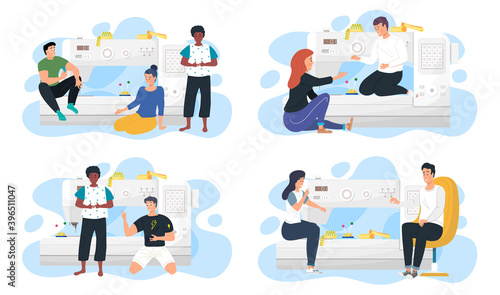 The concept of tailoring fashionable clothes. Man and woman seamstresses are working, sitting near big sewing machine, tiny dressmakers. Concept of creative atelier. Dressmakers scenes set