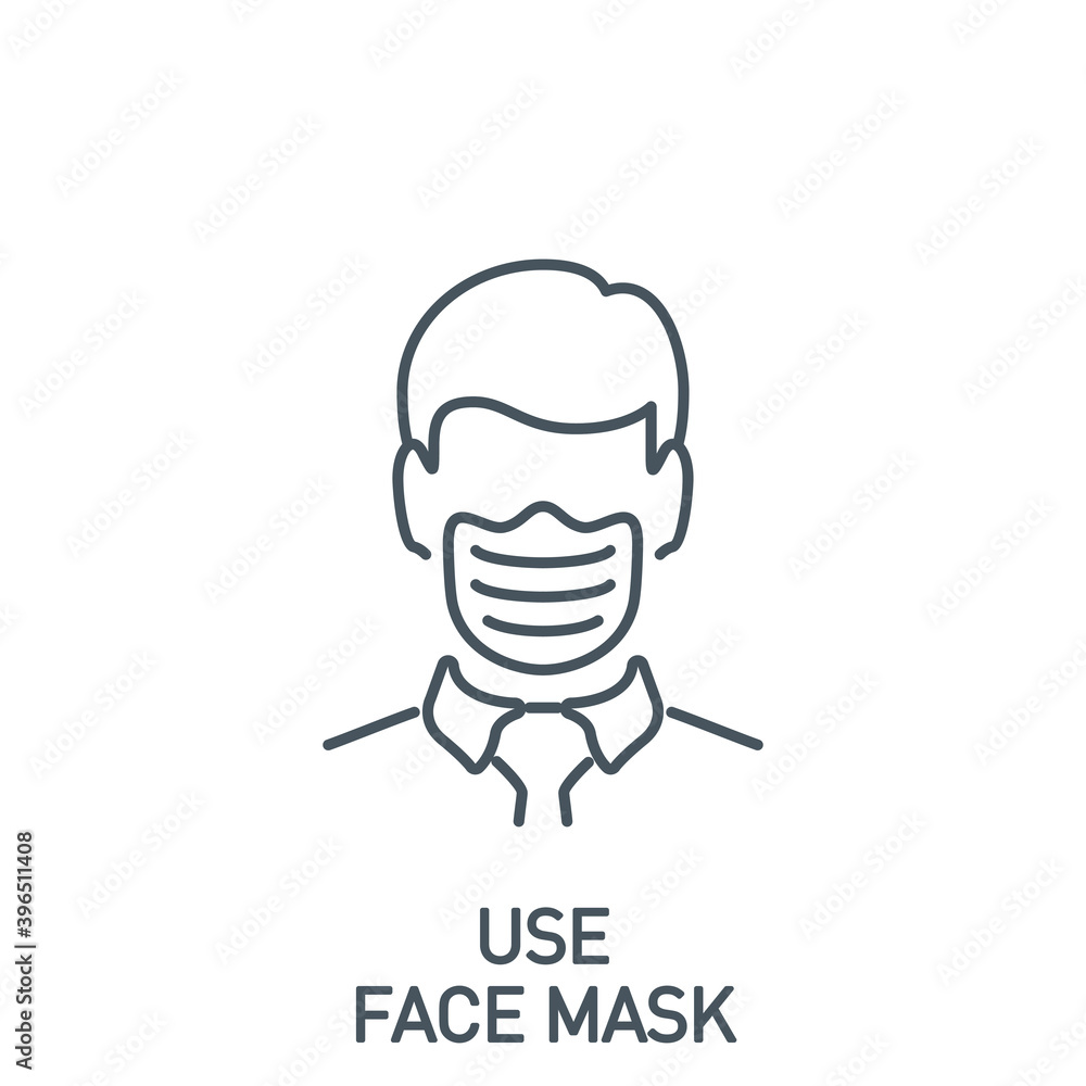 head man in medical mask single line icon isolated on white. Perfect outline symbol Coronavirus Covid 19 disease prevention pandemic banner. Quality design element quarantine with editable Stroke head man in medical mask single line icon isolated on white. Perfect outline symbol Coronavirus Covid 19 disease prevention pandemic banner. Quality design element quarantine with editable Stroke