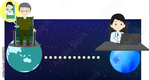 星から星へ遠隔医療をする未来の診療スタイルのイラスト
