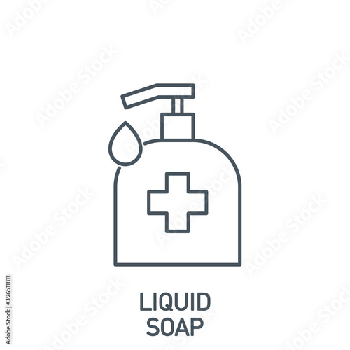 hand sanitizer or liquid soap bottle with drop of antiseptic gel single line icon isolated on white. outline icon symbol Coronavirus Covid 19 banner wash element with editable Stroke line thickness