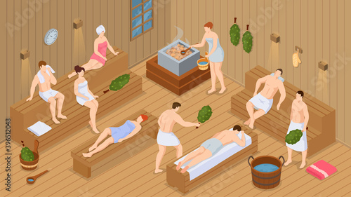 Isometric sauna or spa. Collection of people bathing in sauna or banya full of steam. Set of happy men and women taking bath, washing their bodies. Activity for wellness and recreation. Flat cartoon
