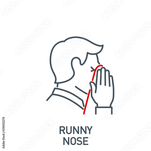 runny and stuffy nose, nasal congestion Signs and symptoms Coronavirus single line icon isolated on white. Perfect outline symbol symptoms Covid19 banner diagnostic design element with editable Stroke