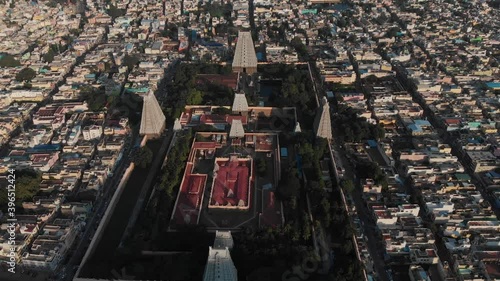 Aerial Top View Of  Arunachalesvara temple towers from the Arunachala hill.Beautiful historic architectures in Tiruvannamalai,India. photo