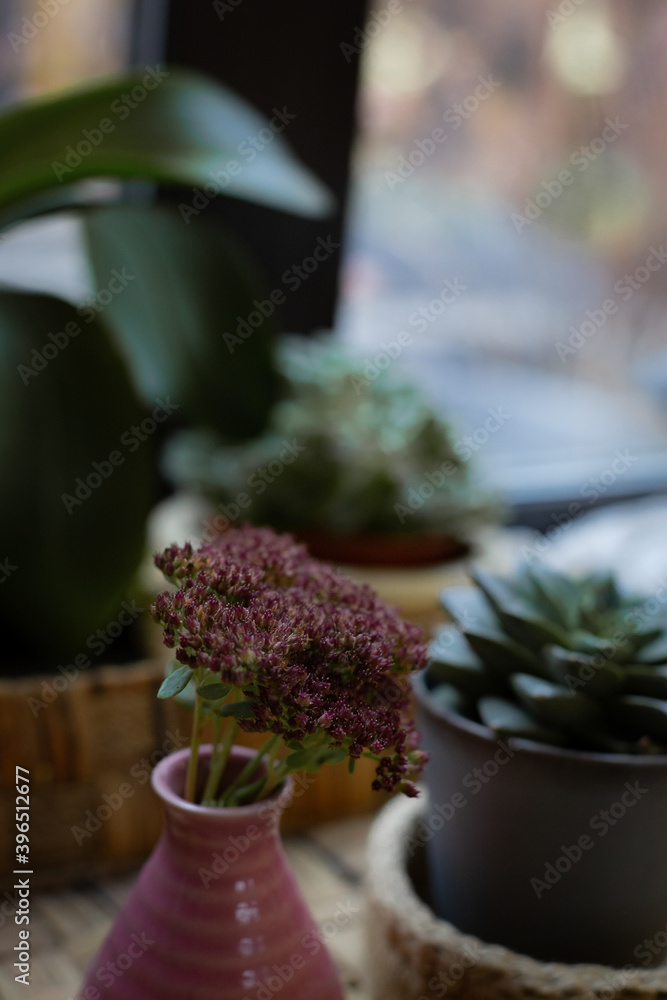 Homemade flowers in pots are on the window.