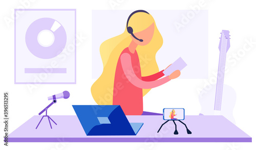 Girl in headphones is listening to music. Woman is recording a video. Voice and speech training. Female character works in the recording studio. Person reads the lyrics and sings into the microphone