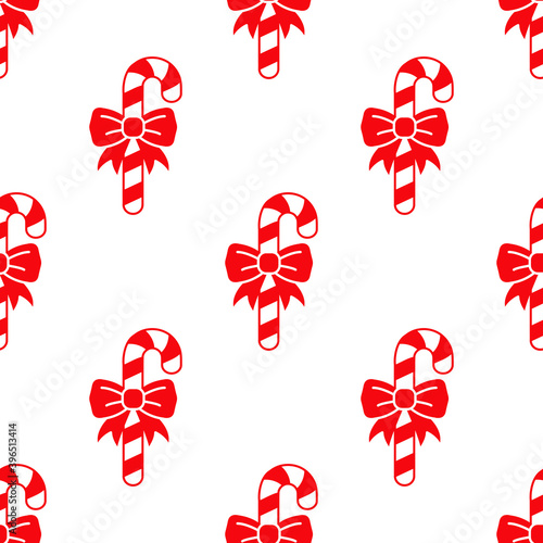 Logotipo candy cane de navidad. Patrón con baston de caramelo con lazo de regalo en color rojo y fondo blanco