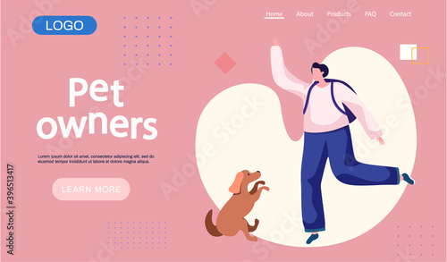 Pet owner landing page template. Happy woman playing with dog, funny girl jumping training a puppy, walking with her little friend. Female is having leisure spend time with domestic animal cute doggy