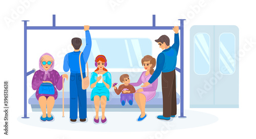 Subway underground metro train transportation with people. Passengers metro man woman elderly people sitting, standing inside in public transport. Passenger train with carriage interior