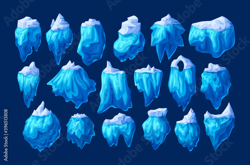 Realistic crystals of clean ice iceberg set. Cooling crystals, iceberg broken of ice, cold frozen crystal blocks ice, winter cool landscapes for game design cartoon vector