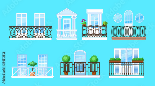 Vintage balcony with facade building. Balcony windows, house facade of wooden banister porch or metal forged fences. Home facade balconies with windows, doors, potted plants retro decor