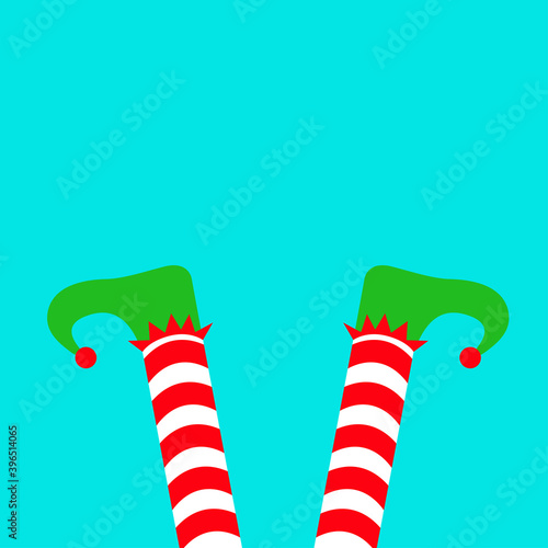 Merry Christmas. Santa Claus Elf legs with green shoes. Upside down. Red white striped socks. Happy New Year. Cute cartoon funny kawaii baby character. Flat design. Isolated. White background.