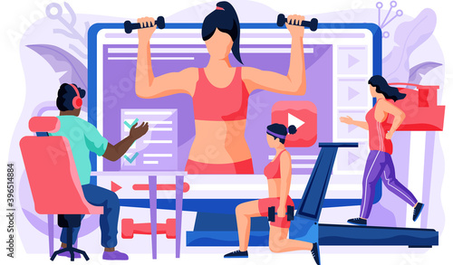 Athletes doing lunges with dumbbells in their apartment. People repeat exercises behind a girl trainer on a computer monitor. Sports online video blog. Guy in headphones looks at the screen