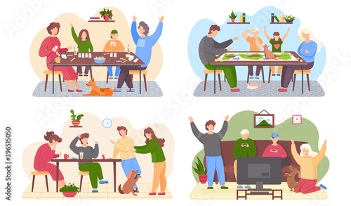 Happy family is sitting at a table playing board game in livingroom scenes set. Parents and children spending evening time together at home with domestic animals cat and dog. Friendly family weekend