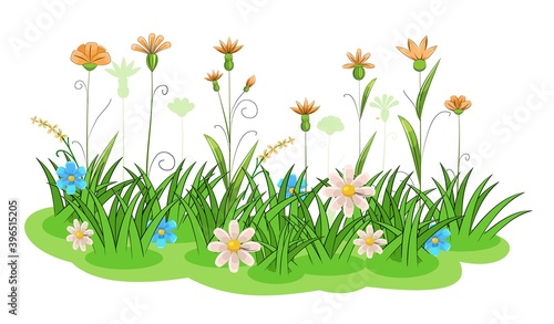 Blooming meadow with grass and flowers. Cartoon just style. Isolated on white background. Romantic fabulous illustration. Vector